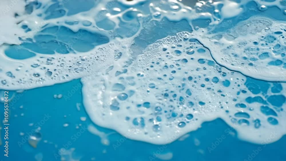 Poster close up of blue water with foam and bubbles creating textured surface, showcasing refreshing essenc