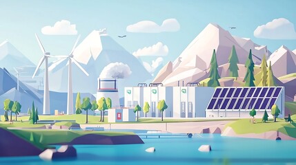 Fototapeta premium Renewable Energy Power Station with Battery Storage Units in a Clean Sustainable Energy Landscape with Wind Turbines Solar Panels and Mountainous Countryside
