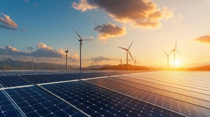 Innovative renewable energy landscape featuring solar panels and wind turbines at sunset sustainable energy solutions eco-friendly environment aerial view