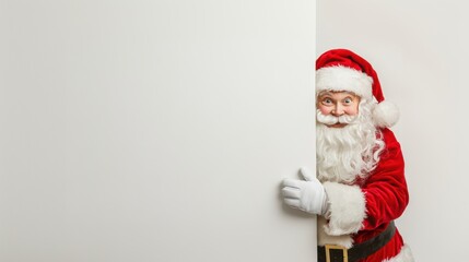 Cute Santa peeping behind a board. Christmas holiday greeting card design background template.