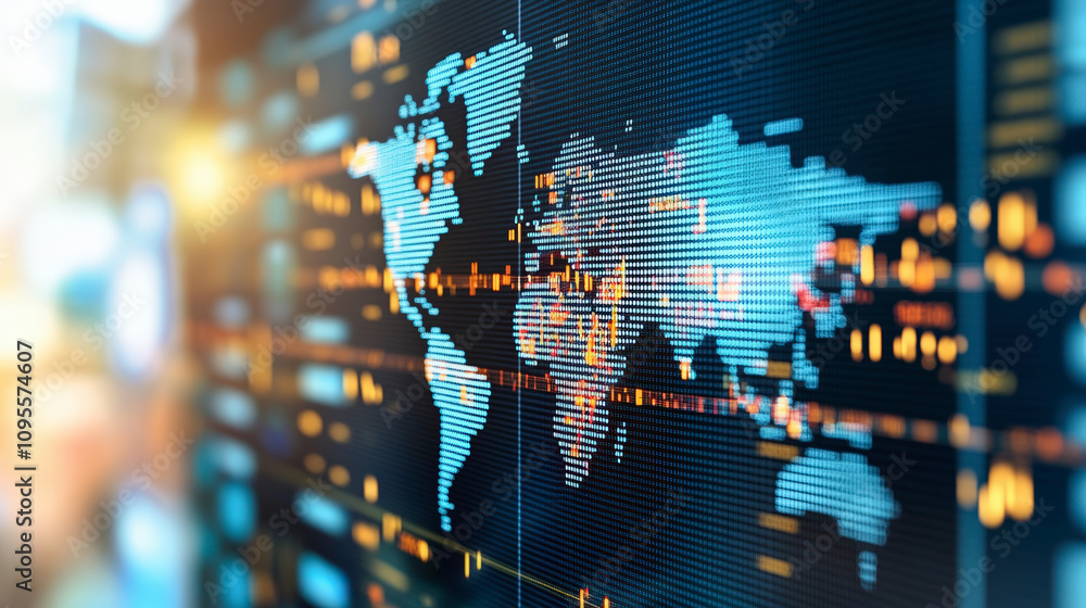 Aufkleber a digital world map with abstract data visualizations, showcasing global connectivity and technology