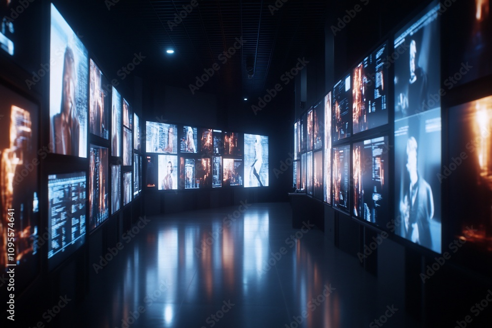 Poster futuristic digital gallery with glowing screens displaying various portraits and data.