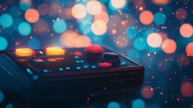 Retro gaming controller with vibrant bokeh background

