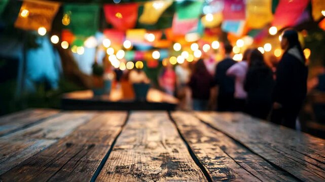 Empty wooden table in the background Mexican party, with lights and decorations
