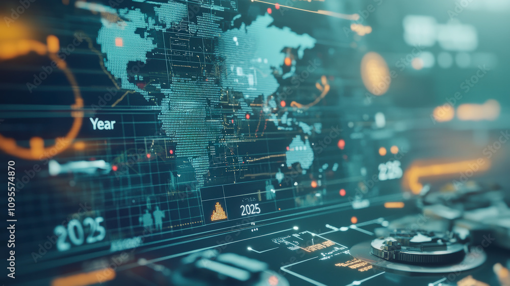 Poster futuristic digital interface with world map and data displays, highlighting years and technology sym