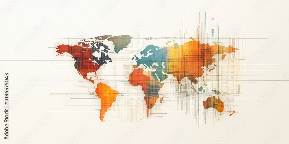 Poster abstract world map with vibrant colors and linear patterns, symbolizing global connections and diver