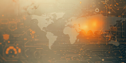 A digital world map overlayed with circuit patterns, highlighting technological connections and data networks in a warm, glowing color scheme.