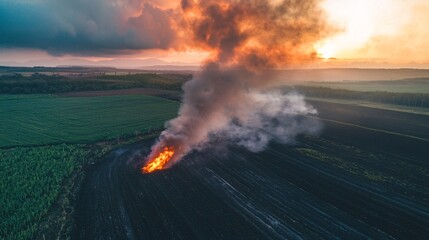 Fototapeta premium Aerial Sunset View of Field Fire Smoke Agriculture Burning
