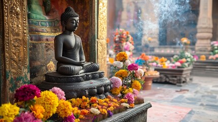 Obraz premium Serene Buddhist Statue Surrounded by Vibrant Marketplace Incense and Flowers Tranquil religious scene with ornate Buddha figure amidst colorful floral offerings and aromatic incense in an Asian