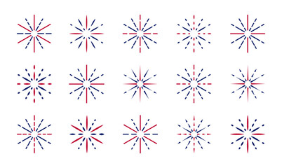 A vector set of flat fireworks with flashes, salutes, and sparkles is perfect for celebrating festivals, birthdays, or holidays with colorful bursts and festive pyrotechnic displays.