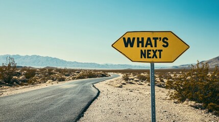 A yellow sign with the words "What's Next" stands on a desolate road leading through a desert landscape.