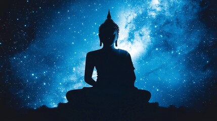 Serene silhouette of Buddha figure sitting in meditative lotus position against a stunning backdrop of a galaxy filled cosmic sky with twinkling stars and ethereal atmosphere  Spiritual mystical