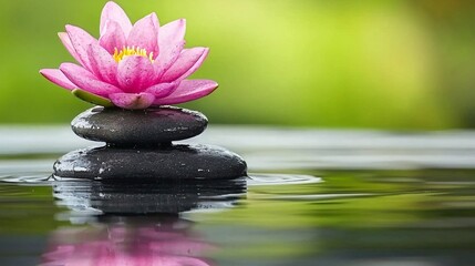 Serene Pink Water Lily on Stacked Stones Zen Garden Spa Peace Tranquility Nature