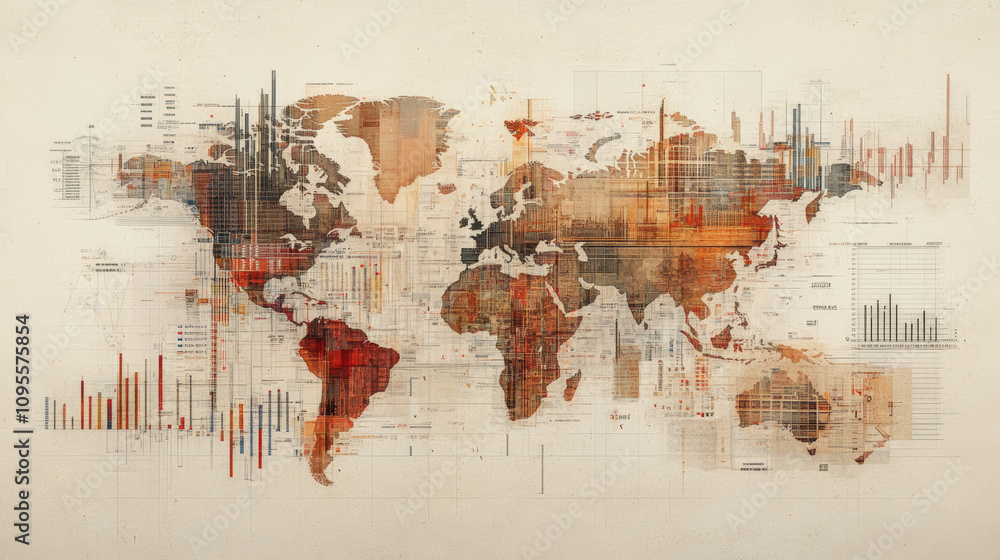 Poster a world map with abstract charts and graphs overlaying, illustrating global data trends and statisti