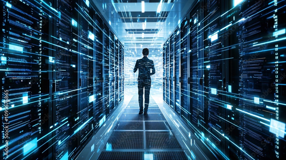 Aufkleber data center corridor person walking through server room with digital data streams