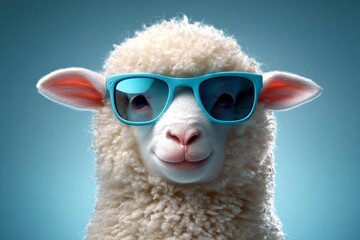 Playful fluffy white sheep with blue sunglasses and pink ear tips against blue gradient background
