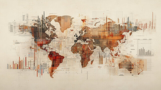 A world map with abstract charts and graphs overlaying, illustrating global data trends and statistical information in an artistic, textured design.