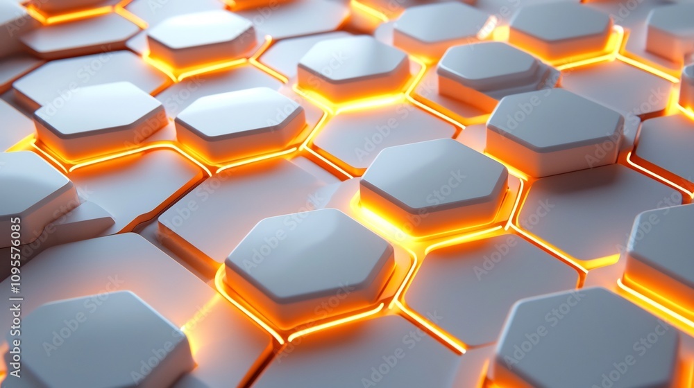 Poster striking abstract design featuring a captivating arrangement of vibrant neon pentagons with luminous