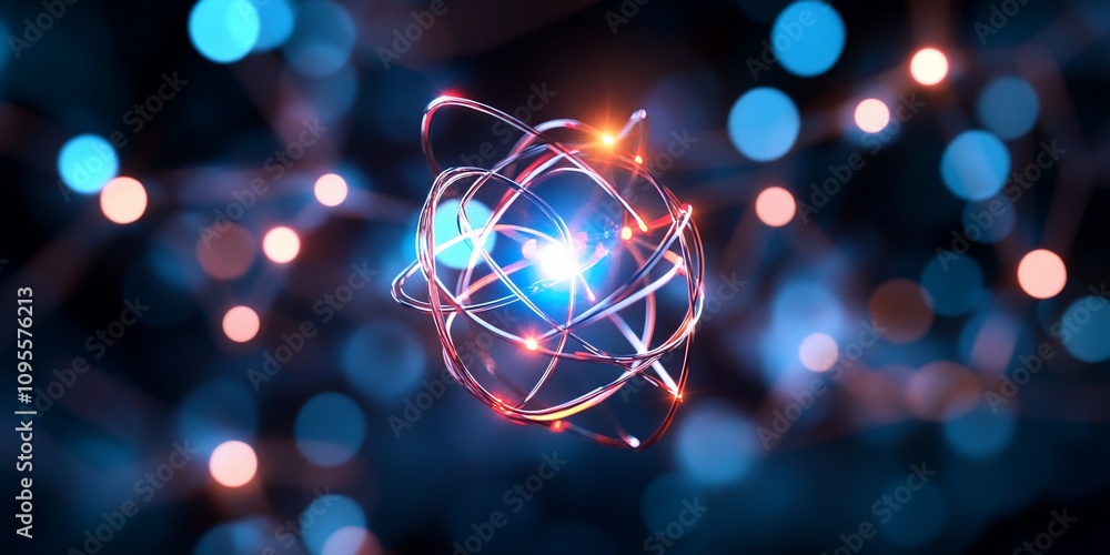 Poster glowing atom model against a dark background with bokeh lights.