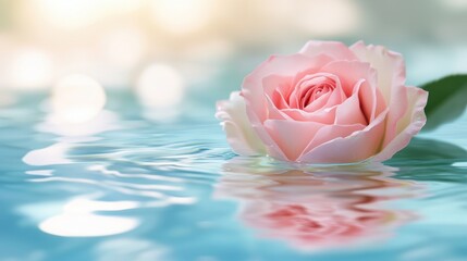 Serene Water Reflection of a Soft Pink Rose Surrounded by Calm Aqua Waters and Ethereal Bokeh Light in a Tranquil Natural Setting Capturing Beauty and Elegance