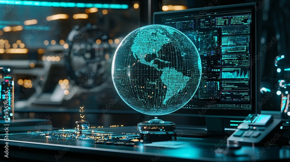 Poster global network technology futuristic digital earth globe on computer screen