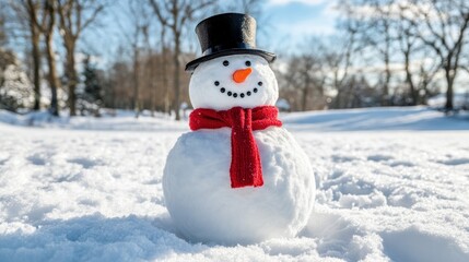 Charming Snowman with Top Hat and Red Scarf Surrounded by Winter Wonderland in Bright Sunlight, Ideal for Holiday and Seasonal Themes