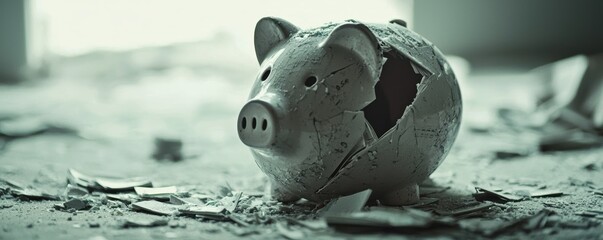 Broken piggy bank symbolizing financial loss abandoned room closeup image somber environment macro viewpoint
