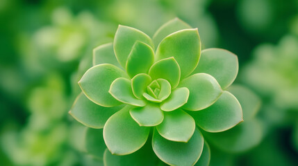 A vibrant green succulent plant with symmetrical, fleshy leaves creates a stunning natural pattern against a blurred green background.