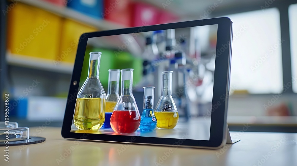 Poster tablet showcasing an immersive science experiment video lesson featuring clear visuals detailed anim