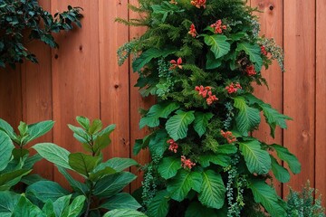 Vibrant Isolated Cedar Tree Surrounded by Lush Flora and Wide Leaves