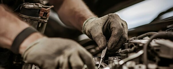 Car engine repair action garage location mechanic work industrial environment closeup viewpoint automotive concept