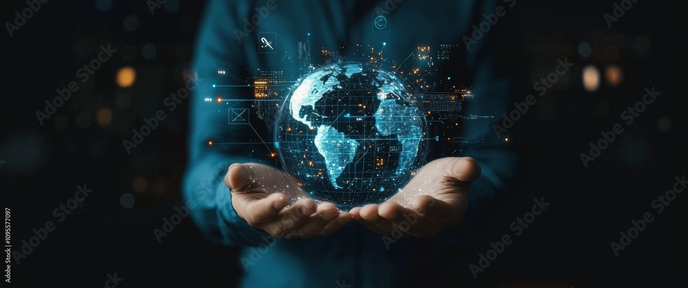 Aufkleber futuristic hands holding transparent globe with data points in dark high-tech environment
