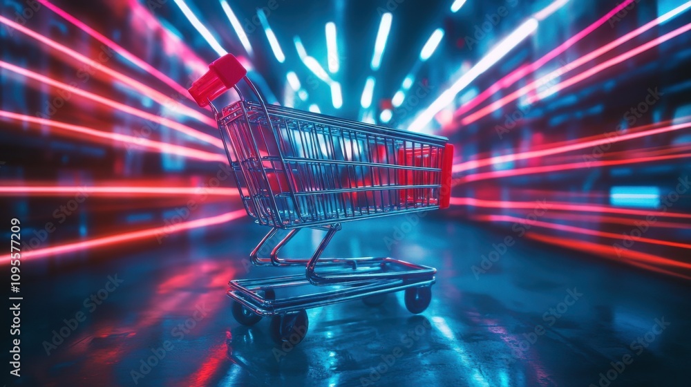 Poster futuristic shopping cart surrounded by neon lights in dynamic motion for modern retail and e-commerc
