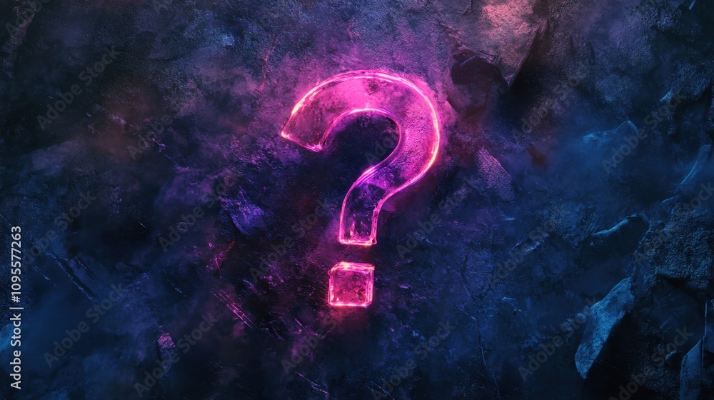Poster intriguing neon question mark glowing against a dark background with abstract texture, symbolizing c