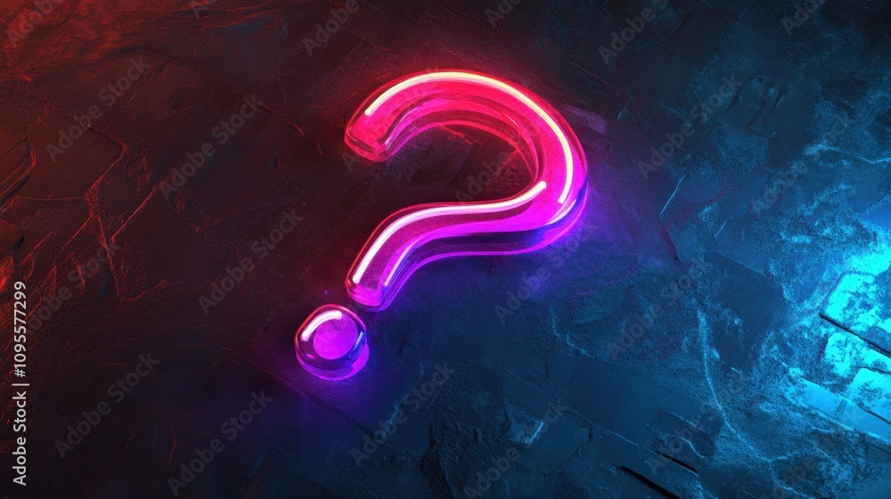 Poster vibrant neon question mark illuminated against a textured background, exploring curiosity and inquir