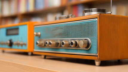 Fototapeta premium Retro-style audio equipment featuring a wooden casing with blue accents. The control knobs and dials suggest vintage design, likely used for radio or sound.
