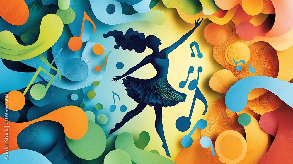 Poster vibrant and colorful layered paper cut style dancer silhouette surrounded by flowing musical notes a