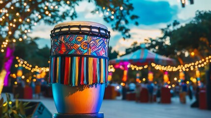 Fototapeta premium Vibrant and Colorful Cajon Drum Placed on an Outdoor Stage with Festive Lighting and a Lively and Energetic Performance Atmosphere