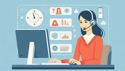 Call center agent using a headset and computer to assist customers flat design illustration.