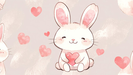 Cute bunny character holding a heart in a pastel-colored pattern suitable for children's decor or crafts