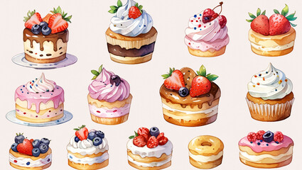 Delicious assortment of colorful donuts and pastries arranged on a white background for a delightful dessert showcase