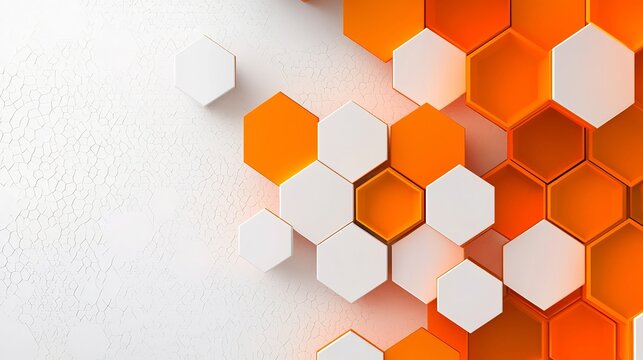 Vibrant bold and lively abstract design featuring an arrangement of bright orange pentagonal and hexagonal shapes with subtle shadows creating depth and dimension on a minimalist white background