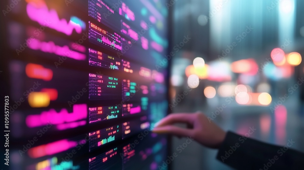 Poster hand interacting with a large digital screen displaying financial data at night.