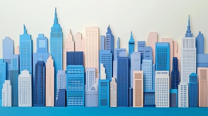 Obraz premium Vibrant Layered City Skyline with Skyscrapers and Office Buildings in Papercut Style Graphic of a modern urban landscape with abstract minimalist design