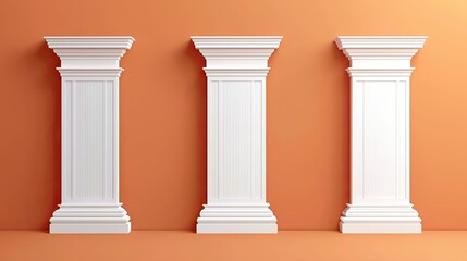 Obraz premium Three elegant white columns stand against a warm orange wall, showcasing classic architectural design and symmetry.