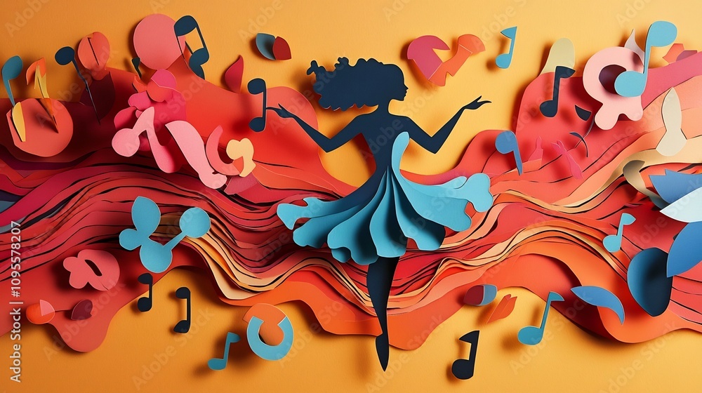 Poster Vibrant Paper Cut Style Dancer Surrounded by Layered Musical Notes and Abstract Shapes in a Dynamic Colorful Composition