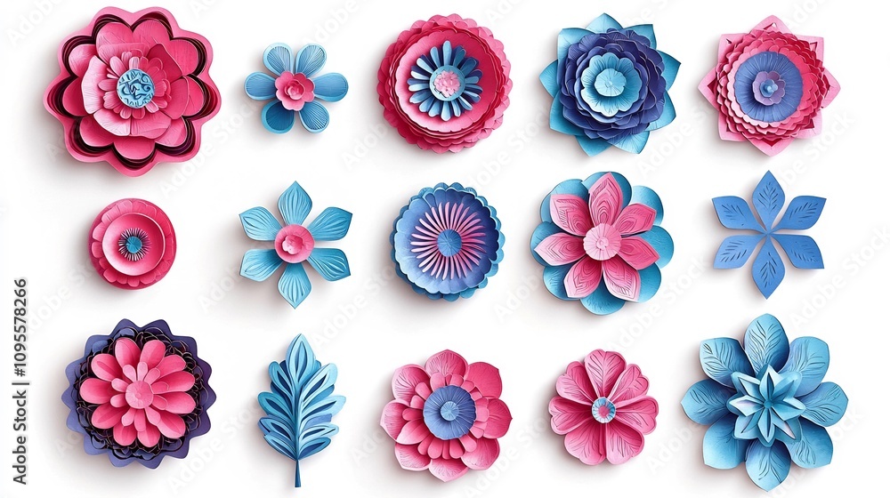 Poster vibrant paper cut style floral frames featuring an array of intricate layered petals and leaves in a