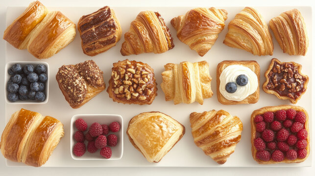 A delectable assortment of pastries, including croissants and tarts, surrounded by fresh blueberries and raspberries, artfully arranged on a white platter.