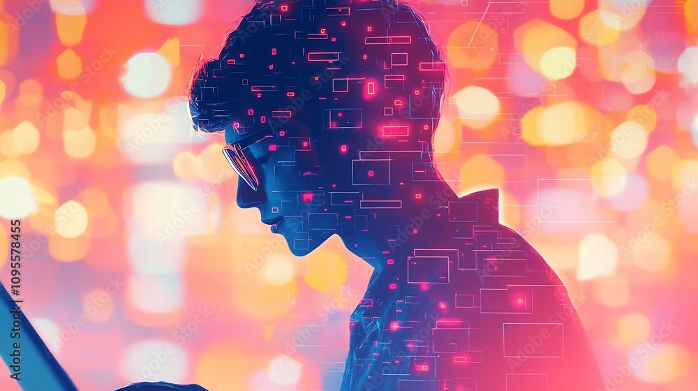 Poster vibrant papercut depiction of a fintech professional navigating a blockchain platform with glowing l