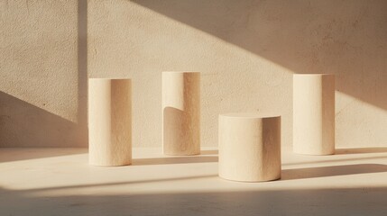 A minimalist scene featuring cylindrical objects casting shadows on a textured surface, highlighting simplicity and modern design.